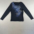 Tahari Womens L Long Sleeve Top T Shirt Navy Blue Floral 100  Cotton Nwt