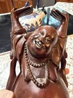 Vintage Hand Carved Wood Laughing Buddha Budai Raised Arms 10    Statue