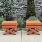 Vintage Pair X-base Billy Baldwin Style Coral Upholstered Bench Stools Ottomans