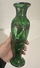 Antique Vtg Art Nouveau Green Art Glass Vase  Sterling Silver Overlay