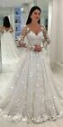 White Ivory Wedding Dresses Lace Appliques Flower Long Sleeve V Neck Bridal Gown