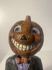 Halloween Pumpkin Grinning Man Bobble Head Resin Crackle Folk Art  12 