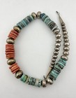 Vtg Navajo Sterling Silver Turquoise   Coral Heishi Bench Bead Necklace 186 5g