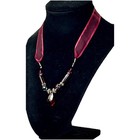 Vtg Sterling Silver Faceted Glass Bead Ribbon Necklace Burgundy Crystal Pendant