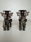 Vintage Asian Guardian Foo Dog Brass Candle Holders Unpolished Heavy Dark Patina
