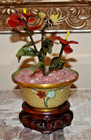 6  Vintage Bonsai Peking Glass Flower In Cloisonne Bowl W ebony Handcarved Stand