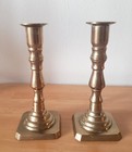 Brass 19th Century Antique  Candlesticks Taper 7  Pair Set 2 Square Base Turned