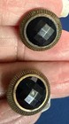 2 - Antique 5 8  Button Metal Border Faceted Black Glass Center Brass Bezel