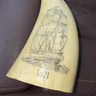 Whale Tooth bone With Scrimshaw Of Ship 1821 Heavy Filled Capped