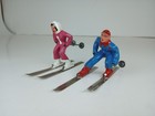 2 Vintage Barclay Manoil Skiers Blue Pink Christmas Lead Figures 1940   s