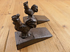 2 Cast Iron Rooster Chicken Door Stops Stopper  paint Scrapes  Farmhouse Rustic