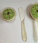 4 Pc Vintage Dresser Set Green Art Deco Vanity Jars Shoe Horn Brush