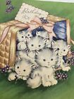 Vtg Birthday Greeting Card Playful Kittens Basket Flower Popup Wallace brown 40s