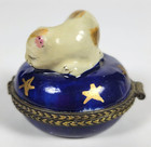 Vintage Hinged Trinket Box   Cat On Blue Stars Pillow   Porcelain Hand Painted