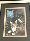 Vtg  Martin Leman Framed 3 Cats Cat Print Gray Black Tabby Folk Art Framed 13x11