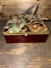 Vintage Butterfly Floral Enamel Jewelry Trinket Box Green Gold Burgundy Mirror