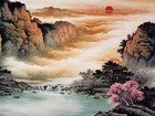 Vintage Chinese Scroll Painting - Mountain Waterfall Landscape With Sunset