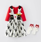 New Boutique Christmas Reindeer Girls Long Sleeve Shirt Dress Socks Outfit Set