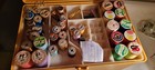 Vintage Yellow Sewing Box organizer With Vintage Threads  Needles More 