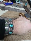 1920s Navajo Ingot Silver Bracelet Greasy Turquoise Whirling Logs