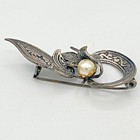 Antique Art Nouveau Silver Brooch With Decorative Engraving   Pearl Accent