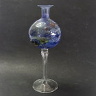 Rare Antique Vintage Glass Vase Handmade Decorated Blue Brown On Stem Old 7 
