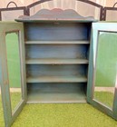 Vtg Farmhouse Teal Wall Curio Cabinet Glass Door Display  Distressed Shabby Chic