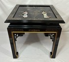 Vintage Chinese Black Lacquer Wood Side End Table Carved Mother Of Pearl Relief