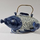 Vtg- Chinese Blue   White Hand Painted Glazed Koi Fish Teapot With Lid 8  Decor 