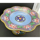 Vintage Cloisonne Footed Compote Dish Blue Floral Scalloped 10 