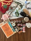 Vtg Sewing Junk Drawer Lot Wooden Spools Thread Scissors Zippers Darning Tool