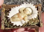 German Primitive Antique Cradle With Wax Baby Jesus Christmas Ornament Religious