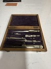 Antique Drafting Compass Set W  Wood Case Velvet Lined Vintage Engineering Tools
