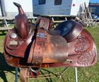 Used 15  Big Horn Western Trail Saddle 1575 W corner Tooled Leather Us Made