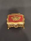 Vintage Gold Tone Ornate Rose On Red Lid Lined Footed Jewelry Trinket Box