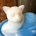 Westmoreland Blue Slag Glass Cat On Nest Dish     Vintage Mid   century Decor