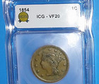 1854 Large Cent Icg Vf20 Certified Braided Hair Us Copper Coin Free Ship Obo