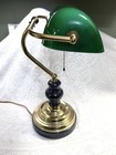 Rare  Htf Design Vintage Banker s Lamp Brass   Black Marble   Green Glass Shade