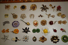 35 Pc Lot Vintage Retro Flower Pins Brooch Earring Metal Enamel Plastic 60s-90s