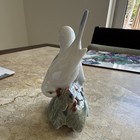 White Ceramic Bird Figurine With Floral Flowers   Leaves Base