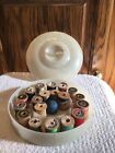 Vintage Thread Spool Round Box W lid Marbled White Plastic   19 Wooden Spools