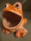Vintage Ceramic Frog Sponge Holder Large Mouth Splatter Drip Glaze Orange 5   