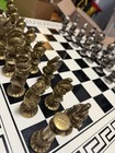 Vintage Italian Metal Roman Gladiator Chess Set Greek Key Board Made In Italy