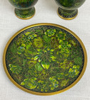 Antique Set Of Matching Petite Cloisonn   Vases And Trinket Dish Beautiful Green