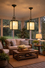 Vintage Colonial Lantern Pendant Light Pair Etched Glass Farmhouse Brass