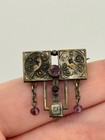 Antique Art Nouveau Bird Brooch Silver Tone Purple Glass Dangle Pin Read