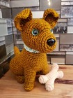 Crochet Puppy Dog 9  Tall W  Bone Amigurumi Handmade Cute Green Sparkle Eyes