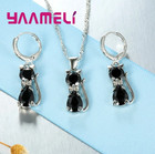 925 Sterling Silver Cat Jewelry Set Necklace   Earrings With Crystal Zircon