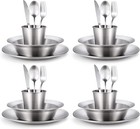 Odoland 4-person Stainless Steel Camping Mess Kit  Plates Bowls Utensils