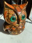 Vintage 1960s Ceramic Light Up Owl 6  Tall Antique Brown Orange W green Eyes